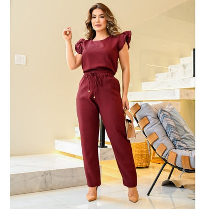 Trafza Conjunto Alfaiataria Feminino Casual Blusa Calça em Linho Ternos 2 peça