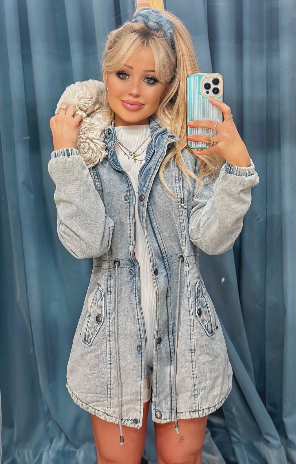 Parka casaco Jeans Feminina Linha Premium Com Capuz