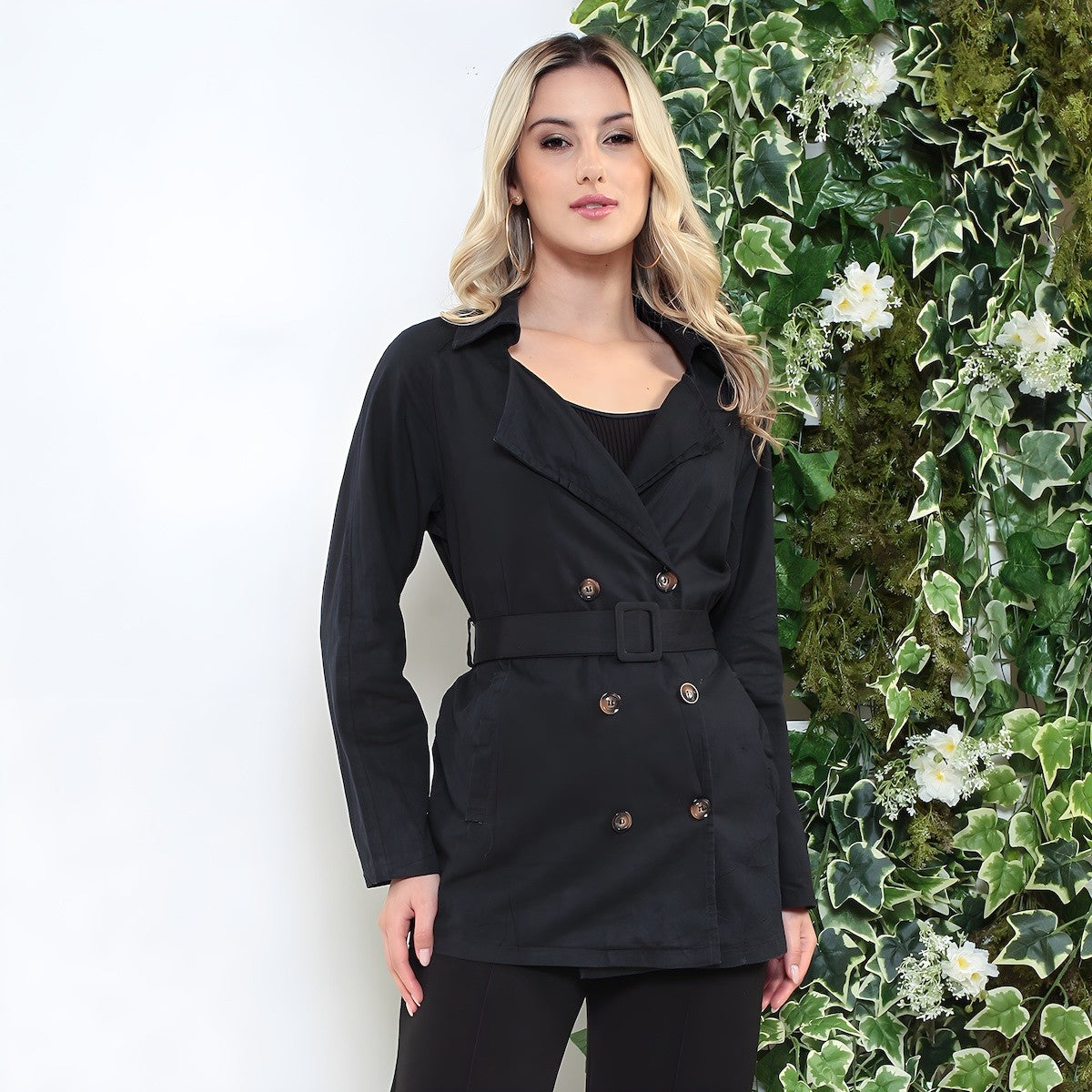 Gabardina Transpassado pescoco de lapela com cinto