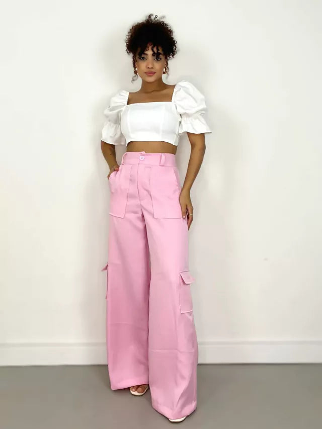 Calça Feminina Alfaiataria Pantalona Cargo Iris