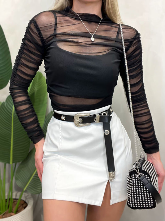 Body de Tule Manga Longa Plissado Denise