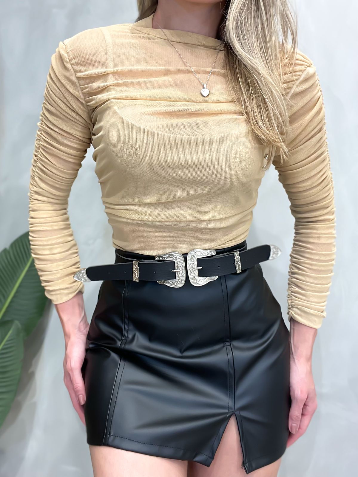 Body de Tule Manga Longa Plissado Denise