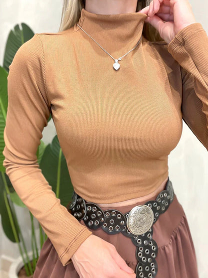 Cropped Feminino em Ribana Manga Longa com Gola