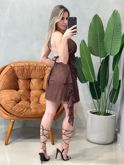 Vestido Curto em Tule de Babado com Amarração