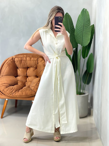Vestido Longo em Alfaiataria Sensoriale com Botões e Amarração