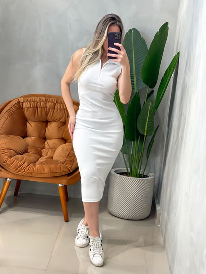 Vestido Midi em Ribana Regata de Gola com Zíper Graziela