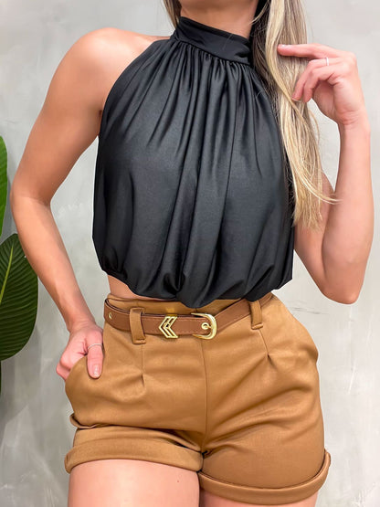Cropped em Malha Romantic Balonê Frente Única com Amarração