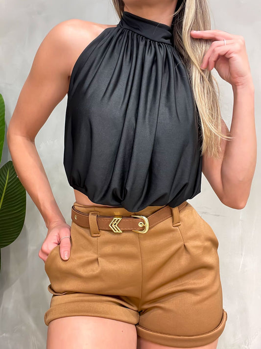 Cropped em Malha Romantic Balonê Frente Única com Amarração
