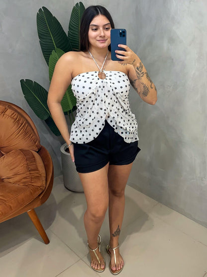 Blusa em Tule Poá de Babado com Amarração