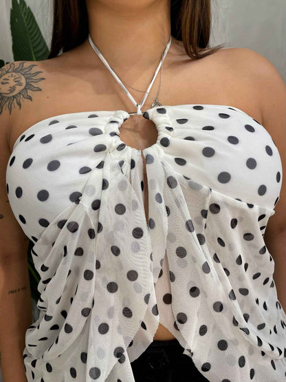 Blusa em Tule Poá de Babado com Amarração