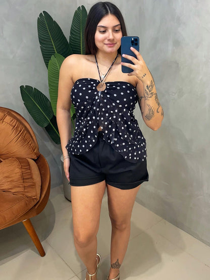 Blusa em Tule Poá de Babado com Amarração