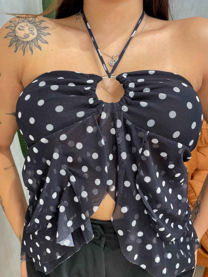 Blusa em Tule Poá de Babado com Amarração