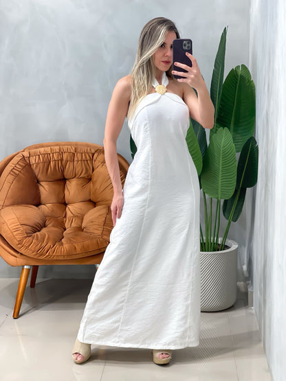 Vestido Longo em Alfaiataria Sensoriale com Amarração e Pedraria