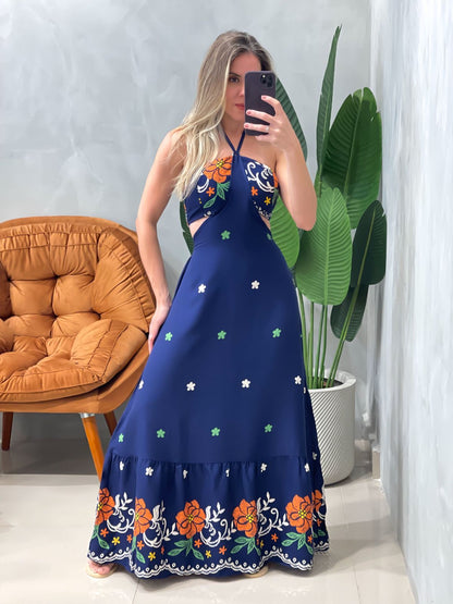 Vestido Longo em Crepe Costas Nua com Amarração