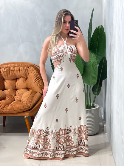 Vestido Longo em Crepe Costas Nua com Amarração