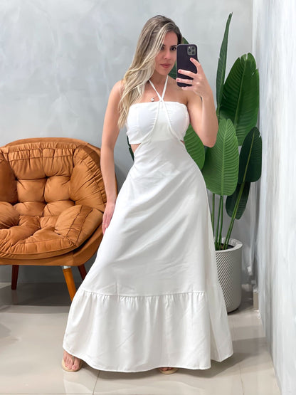 Vestido Longo em Crepe Costas Nua com Amarração